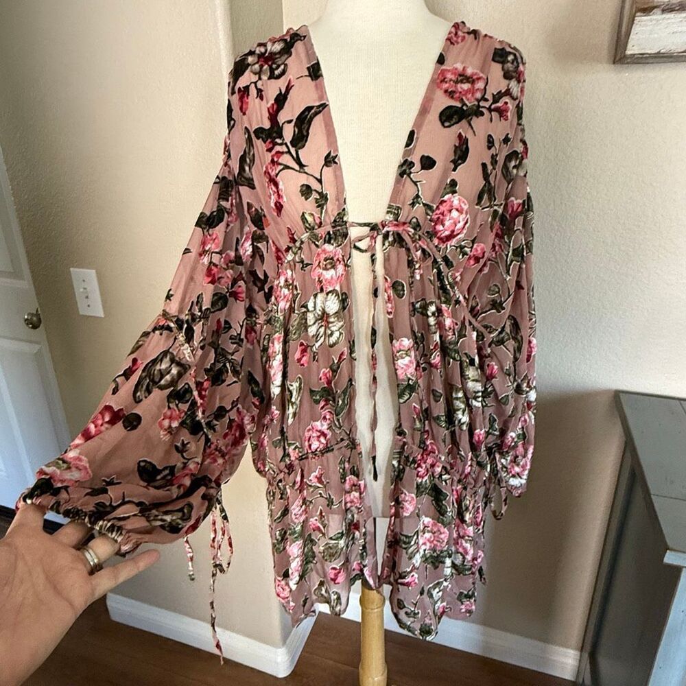 Free People Juliet Velvet Floral Balloon Long Sleeve Kimono Multicolor One Size - Picture 11 of 13